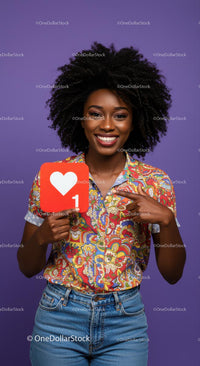 Happy Woman with Curly Hair Holding Social Media Like Icon