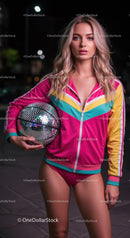 Stylish Young Woman in Colorful Jacket with Disco Ball at Night City Street