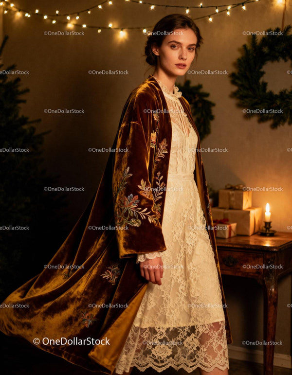 Elegant woman in vintage robe and lace dress indoors