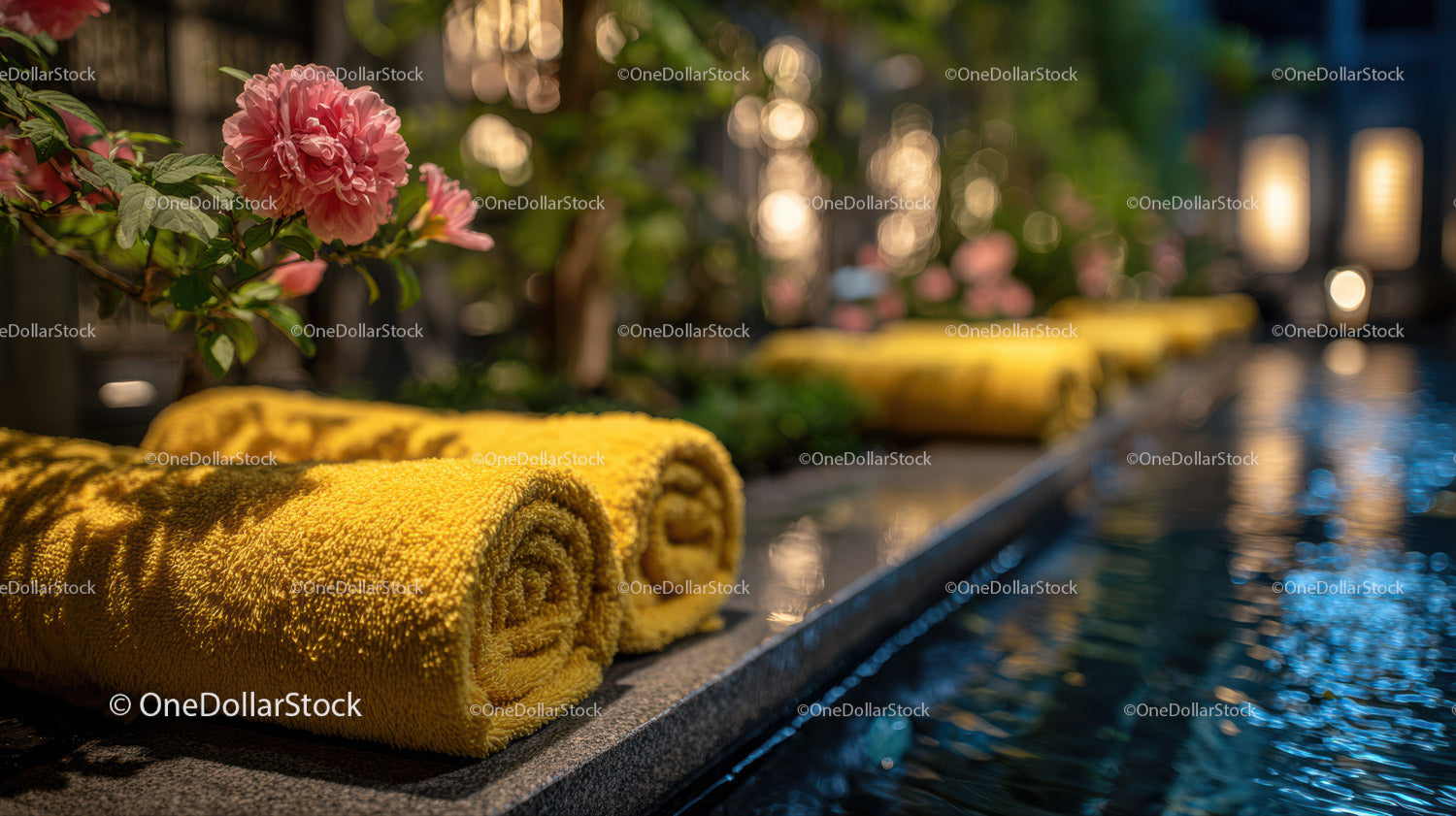 Serene Outdoor Spa Scene with Yellow Towel and Water Lilies
