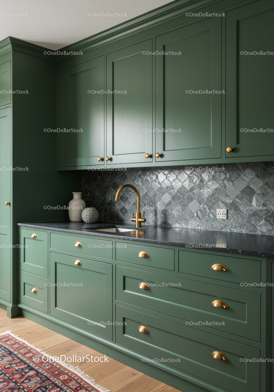 Modern Green Kitchen Cabinets with Gold Hardware and Marble Backsplash