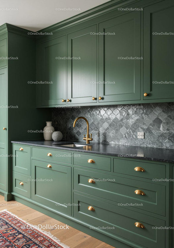 Modern Green Kitchen Cabinets with Gold Hardware and Marble Backsplash