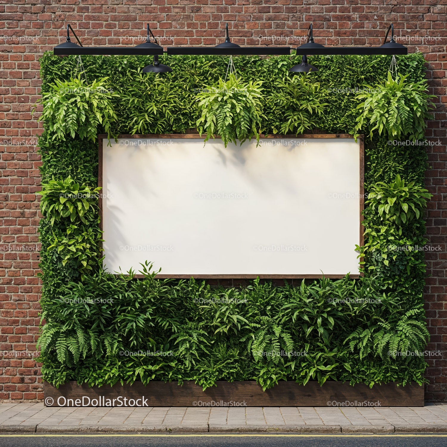 Green Nature Frame with Blank Board on Brick Wall