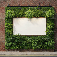 Green Nature Frame with Blank Board on Brick Wall