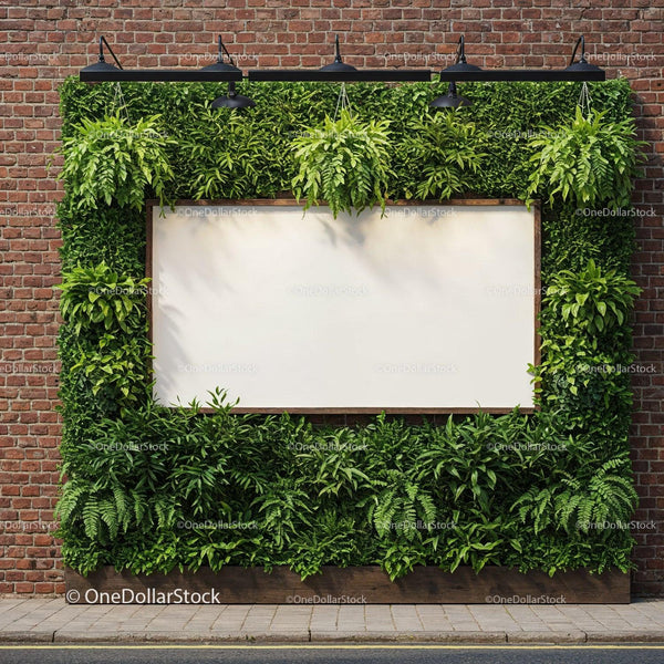 Green Nature Frame with Blank Board on Brick Wall JPG Mockup Image