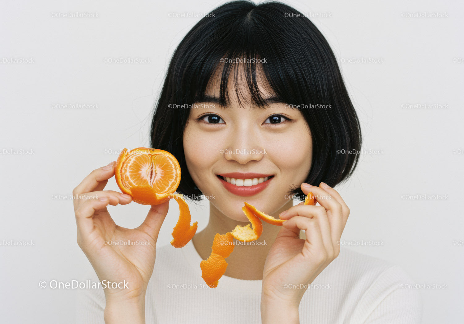 Smiling Woman Holding Fresh Orange Citrus Fruit with Peel