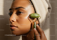 Close-up of Woman Using Jade Roller on Face for Skin Rejuvenation