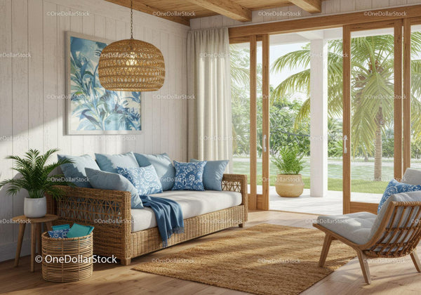 Cozy natural living room with wicker furniture and greenery