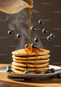Stack of fluffy pancakes with syrup and fresh blueberries