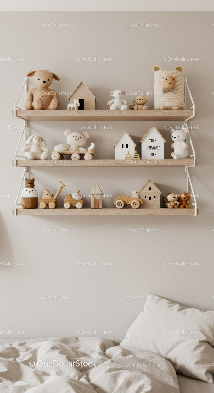 Wooden Nursery Shelf with Plush Toys and Toy Decor in Cozy Kids Room