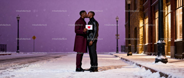 Romantic winter kiss between couple holding heart card