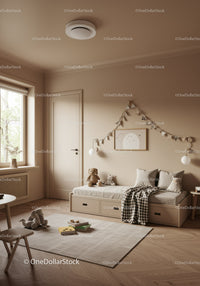 Children's Nursery Room with Beige Walls and Soft Toys