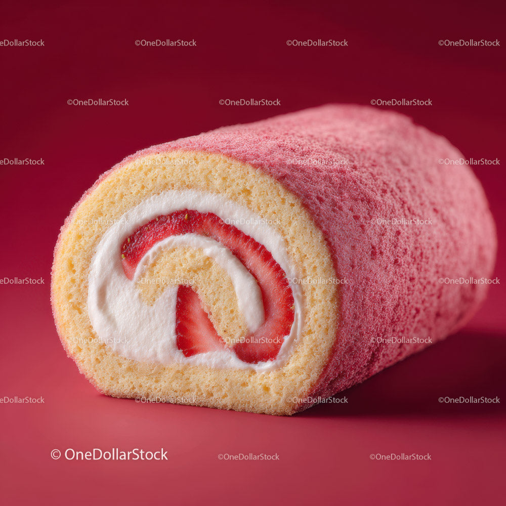 Pink Velvet Cake Roll with Cream Filling in Bright Red Background