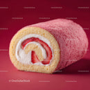 Pink Velvet Cake Roll with Cream Filling in Bright Red Background