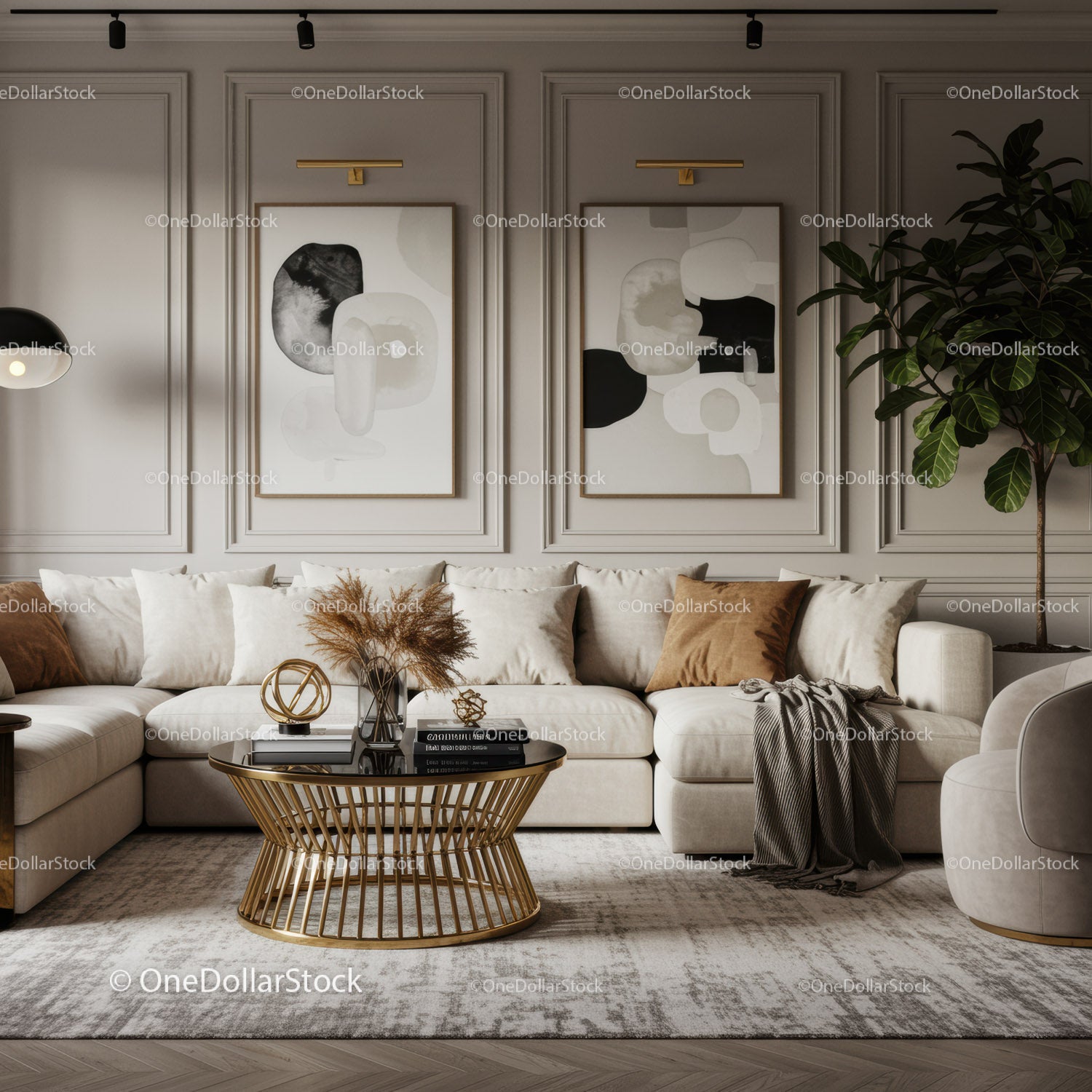 Elegant modern living room with beige sofa and gold accents