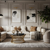 Elegant modern living room with beige sofa and gold accents