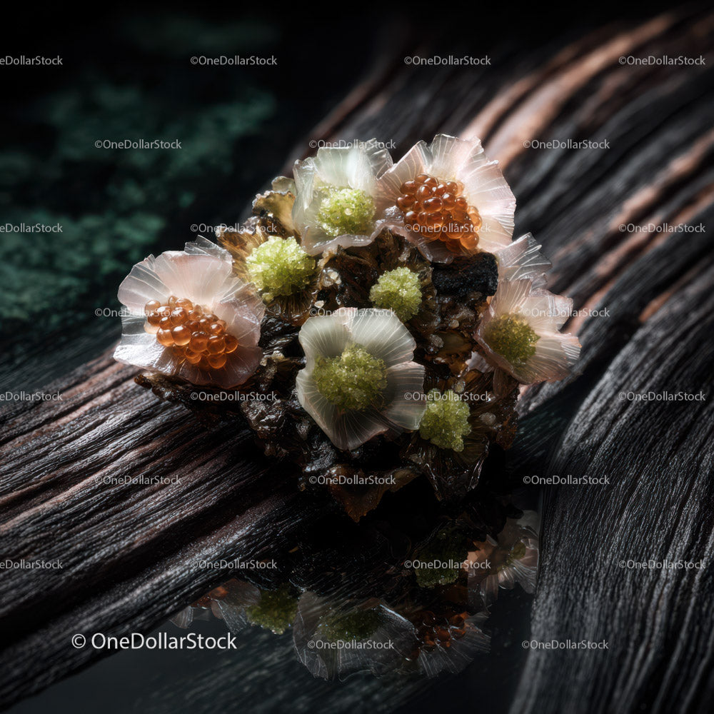 Mineral Crystal Cluster with Gemstone-like Appearance on Dark Wood Surface