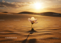 Delicate flower blooming in vast golden desert at sunset