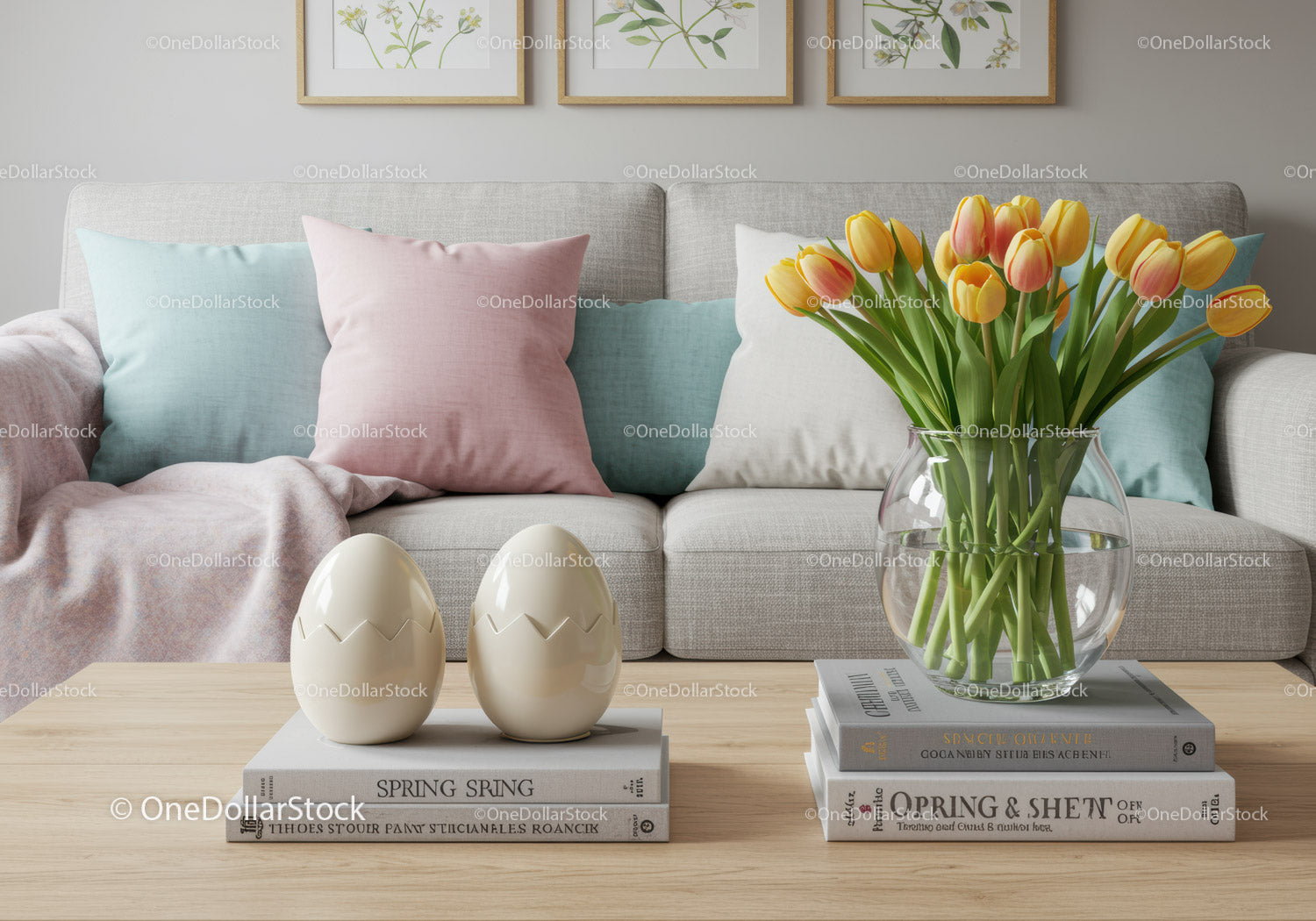 Cozy living room with pastel pillows and spring tulips