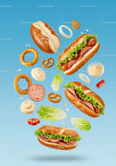 Fresh hot dogs with lettuce and pretzel buns floating