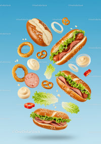 Fresh hot dogs with lettuce and pretzel buns floating