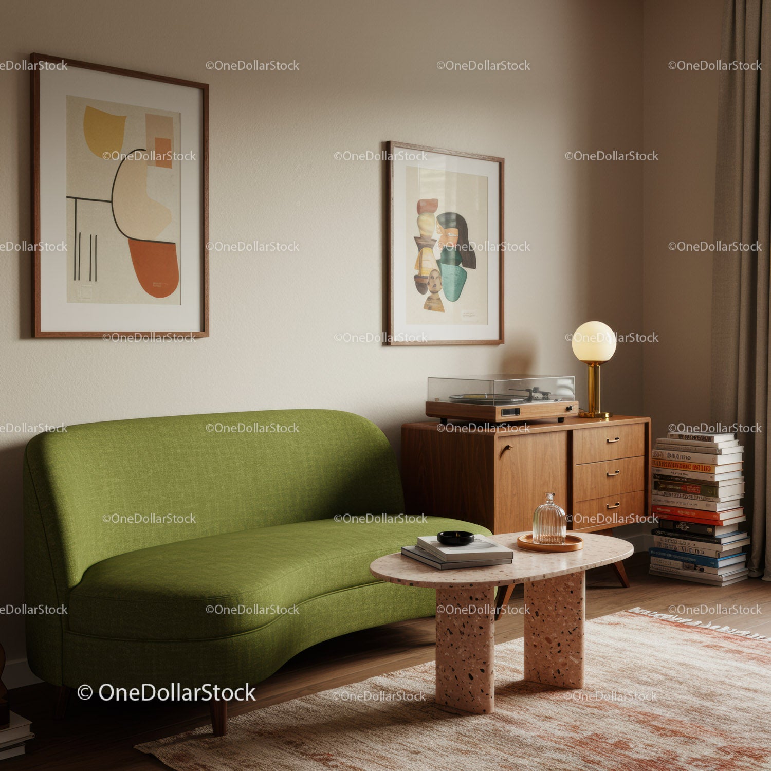 Przytulny salon w stylu mid-century z zieloną sofą i dekoracjami