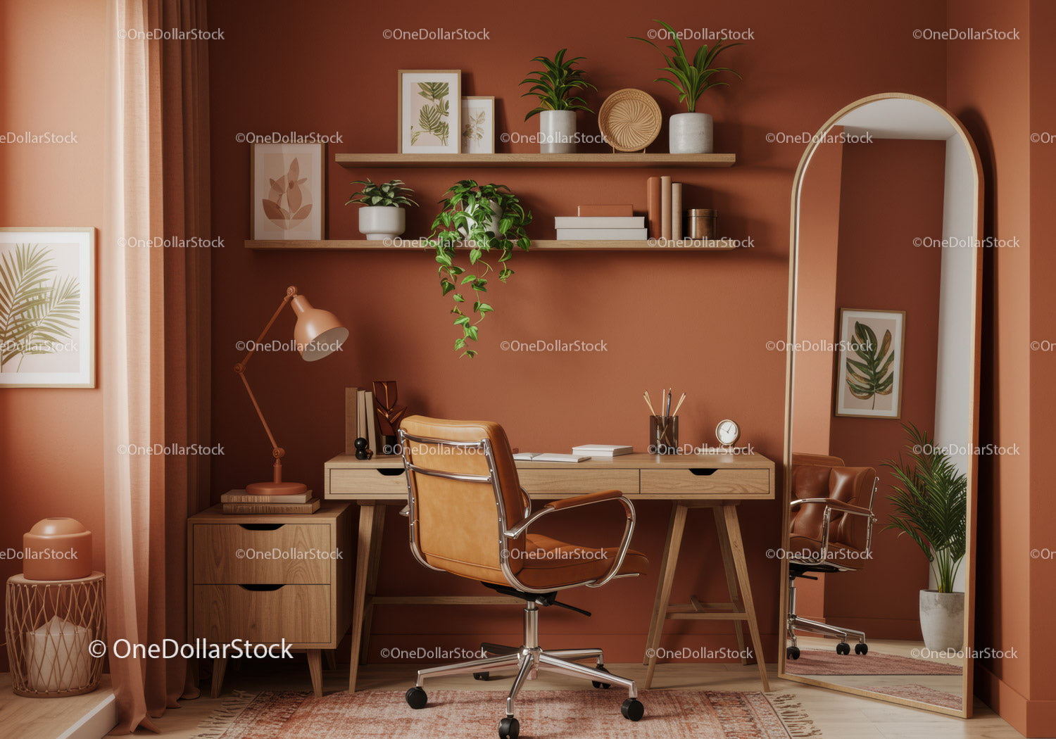 Cozy stylish home office with earth tones and greenery