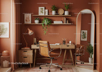 Cozy stylish home office with earth tones and greenery