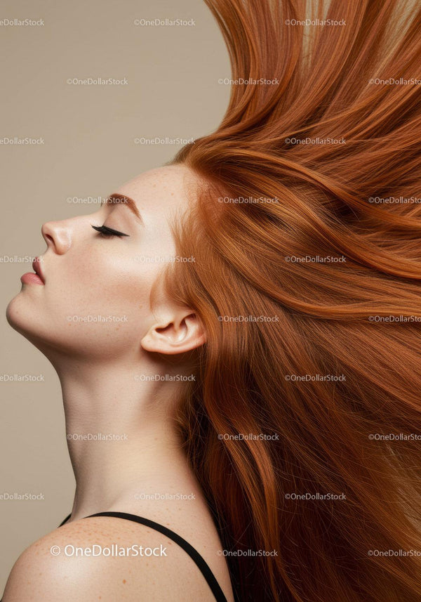 Serene woman with vibrant flowing red hair profile
