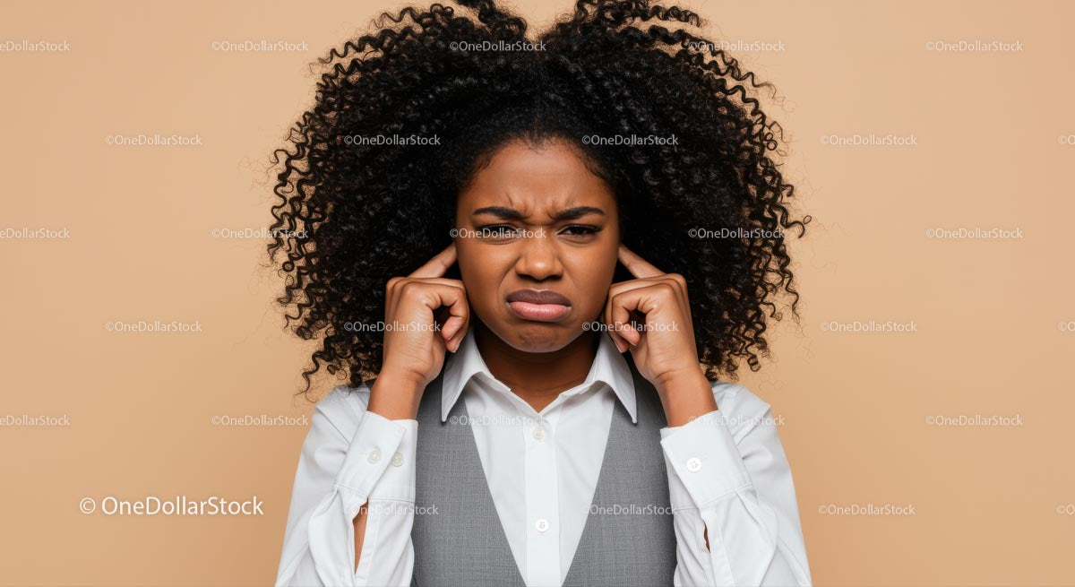 Frustrated Woman Covering Ears with Annoyed Expression