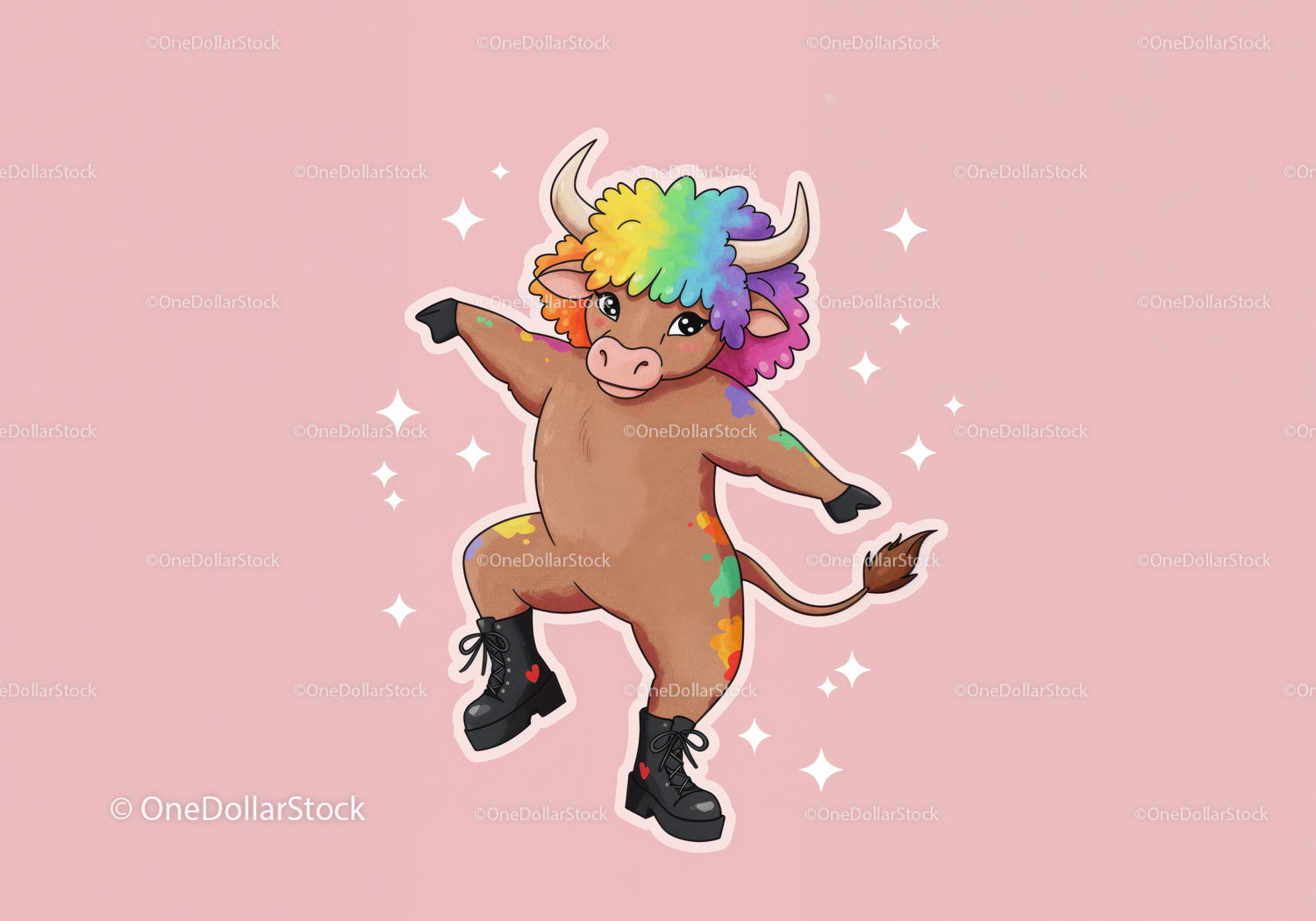 Colorful Cartoon Bull with Rainbow Hair in Funky Streetwear