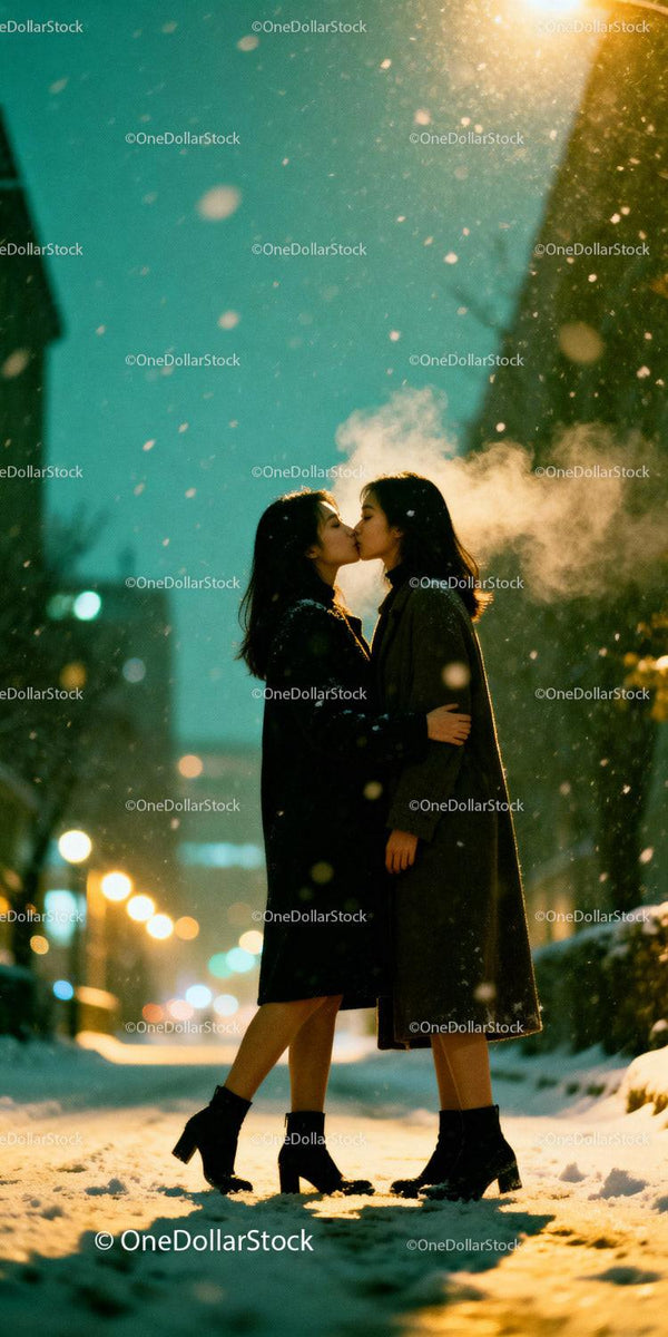 Couple Sharing a Tender Kiss on a Snowy City Night