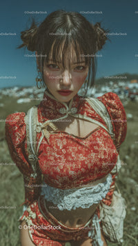 Young Woman in Traditional Red Embroidered Blouse Outdoors