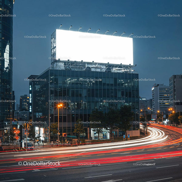 Night Traffic Flow by Illuminated City Billboard JPG Mockup Image