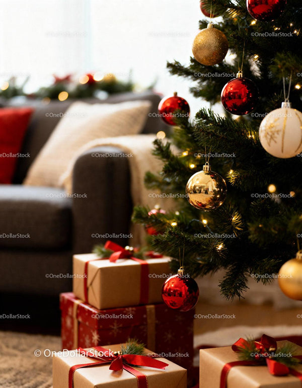 Cozy Living Room with Christmas Tree and Wrapped Gifts