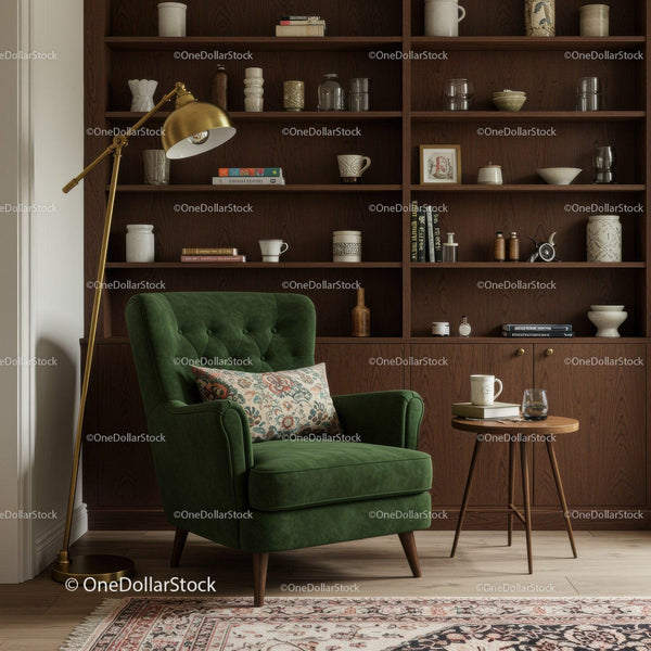 Cozy green armchair corner with vintage wooden bookshelf