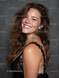Beautiful Smiling Woman in Black Lace Top with Radiant Smile