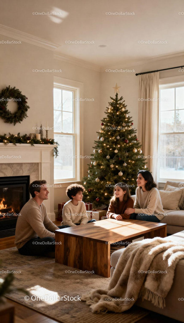 Family Enjoying Cozy Christmas Moment by Fireplace