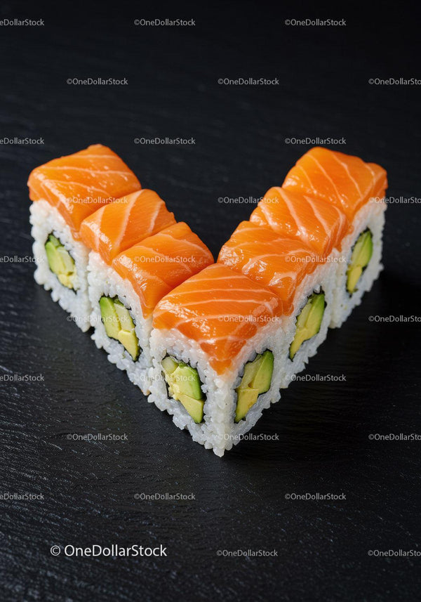 Fresh salmon avocado sushi rolls arranged in v shape
