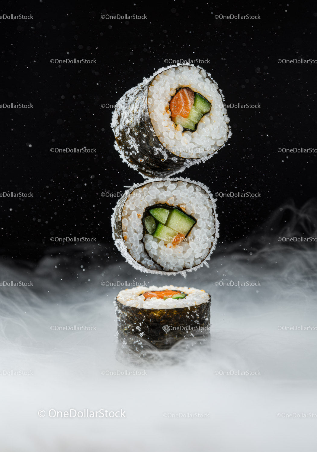 Three Floating Sushi Rolls with Cucumber and Salmon