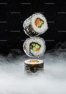 Three Floating Sushi Rolls with Cucumber and Salmon