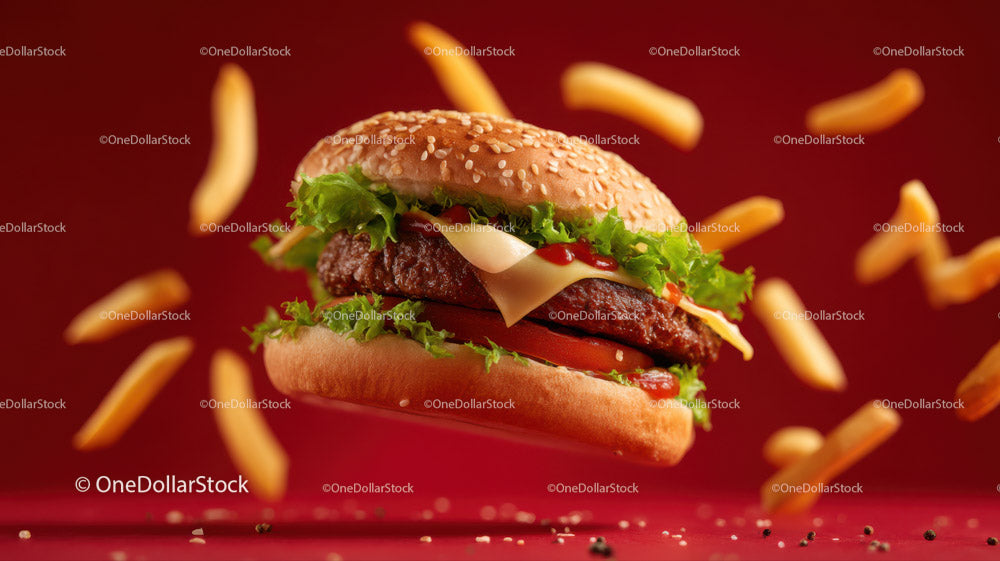 Soczysty cheeseburger ze świeżymi warzywami i chrupiącymi frytkami