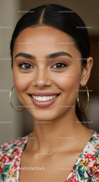 Elegant Smiling Woman with Dark Hair and Hoop Earrings