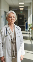 Senior Female Doctor in Medical Coat with Stethoscope in Hospital Corridor