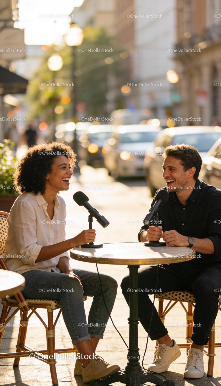 Two friends laughing during an outdoor podcast recording