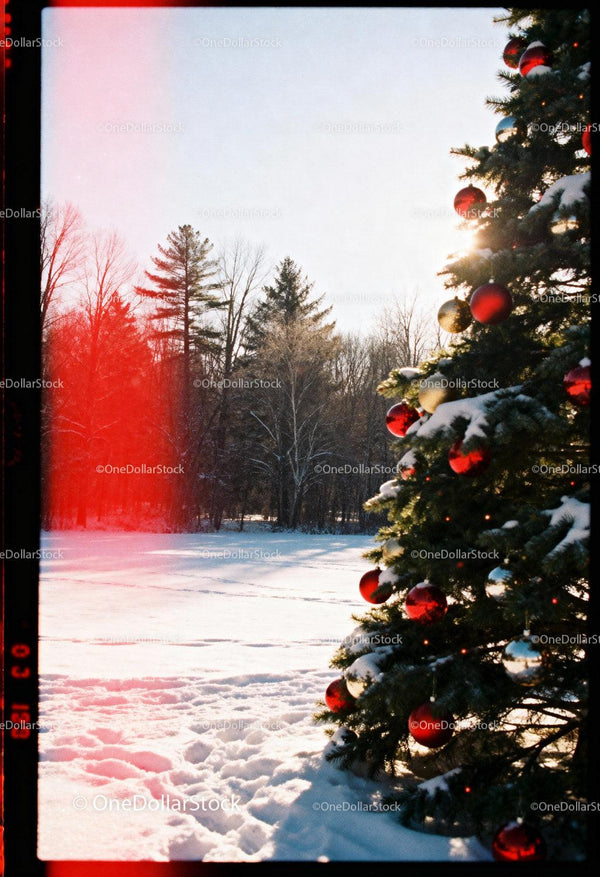 Snowy landscape with decorated Christmas tree in daylight