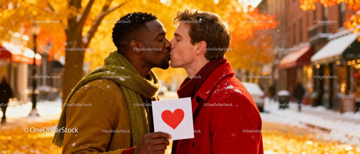 Couple sharing a kiss with heart card in autumn city