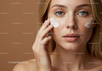 Young Woman Applying Moisturizer with Clear Skin and Freckles