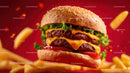 Juicy Cheeseburger with Lettuce and Tomato in Crispy Fries Background