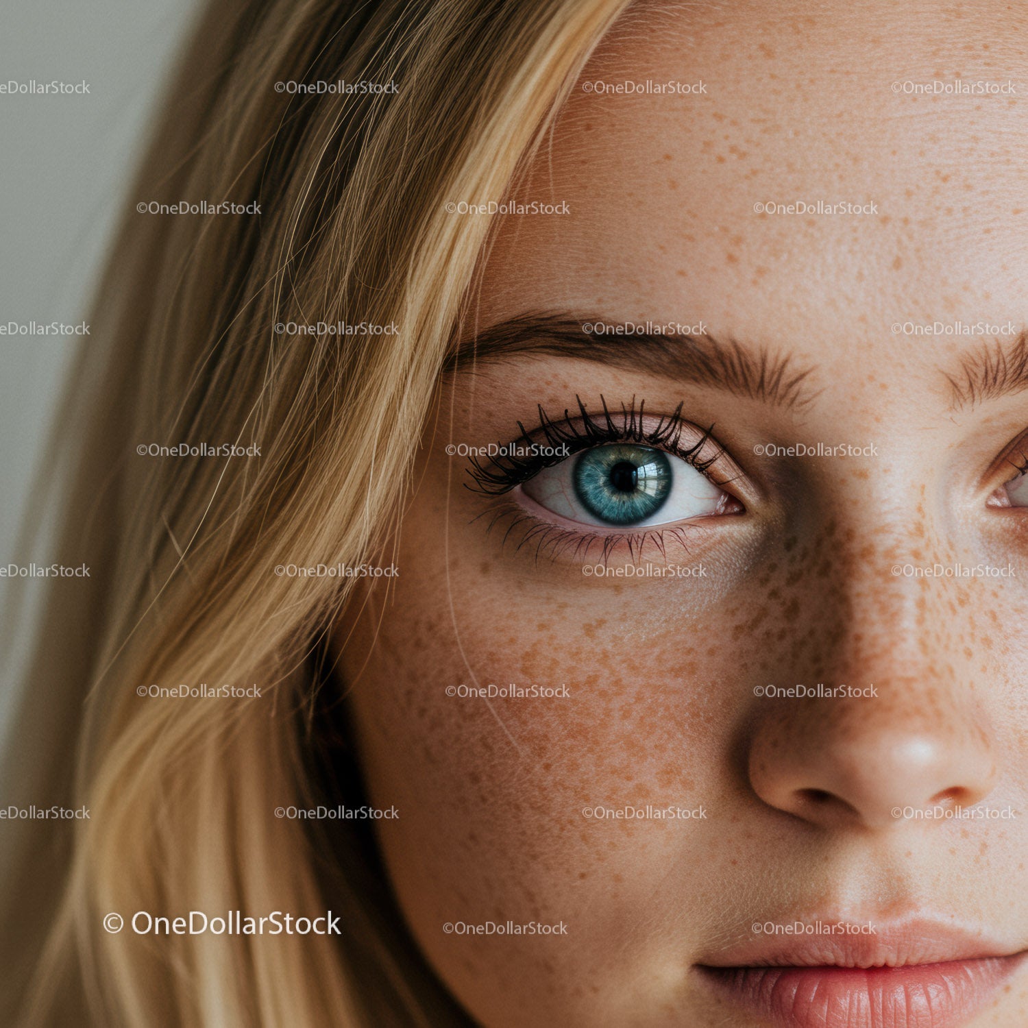 Close up of blue eye with natural freckles on face